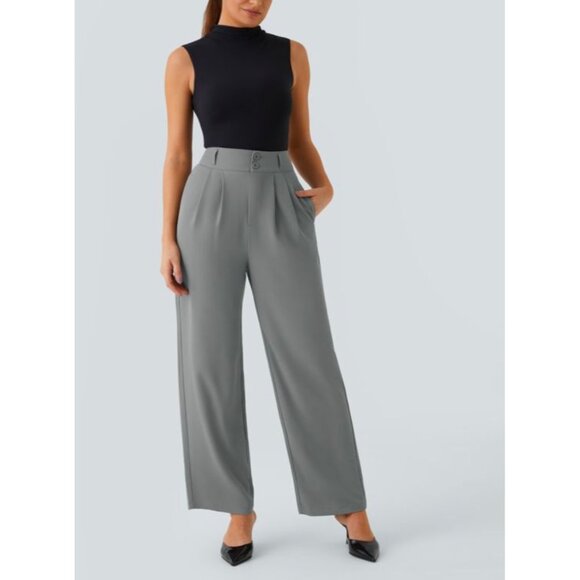Halara High Waisted Button Zipper Shirred Straight Leg Work Pants Sz 3XL Grey Si - Picture 1 of 11
